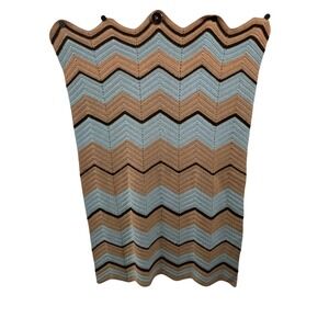 Vintage Handmade Crochet Chevron Ripple Afghan Throw Blanket Blue Brown 51x32
